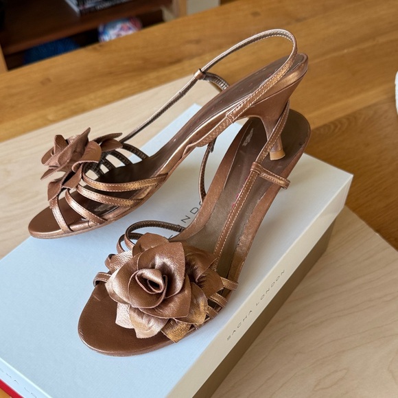 Sacha London Shoes - Sacha London Bronze Strappy Heels with Rose Detail